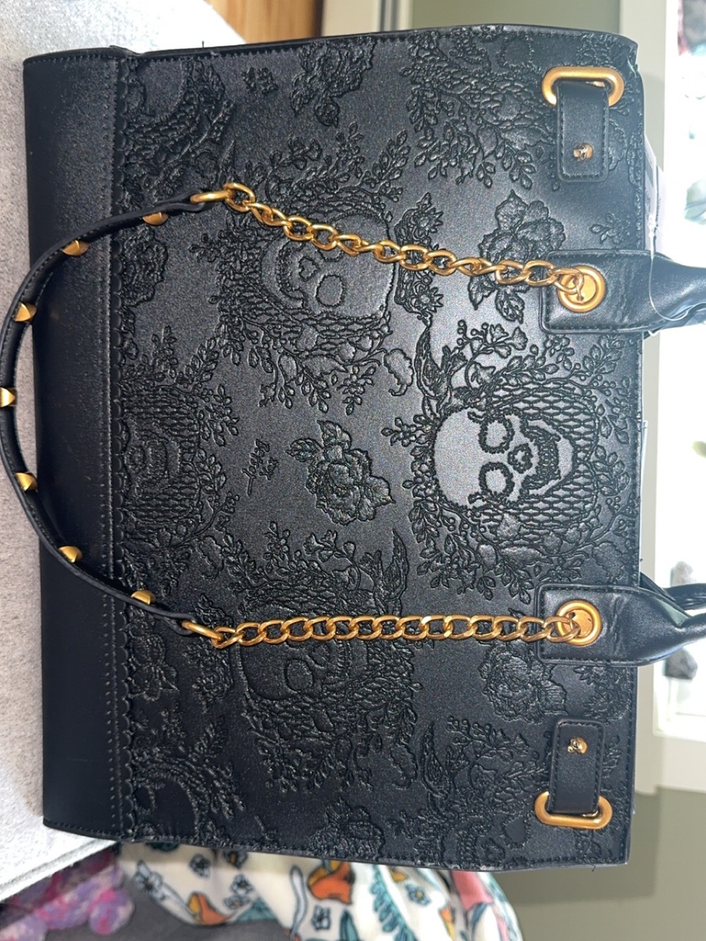 Betsey Johnson Black Skull and Floral Embossed Floral Bag with Gold Chain - Picture 3 of 7